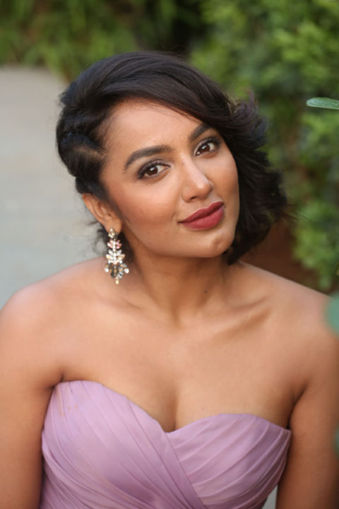 Tejaswi Madivada in purple strapless gown