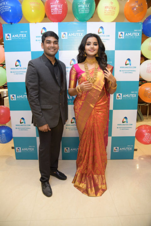Anupama Parameswaran saree stills at Anutex Mall