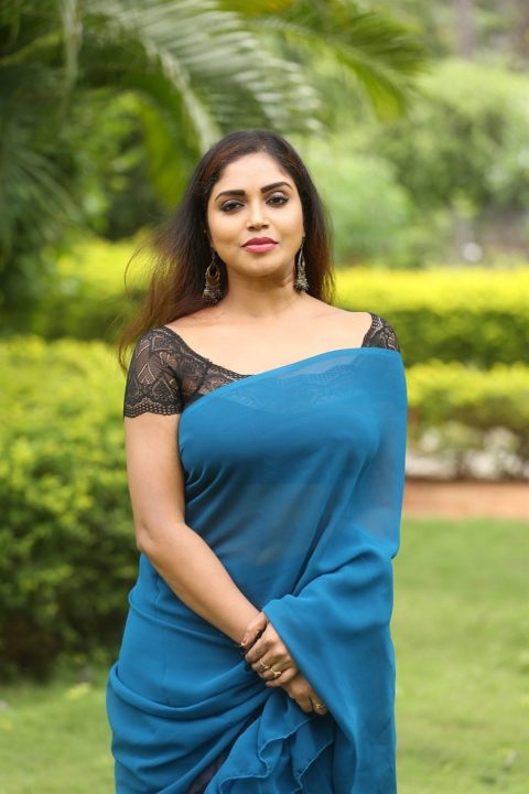 Karunya Chowdary in blue saree stills at 3 Monkeys movie Logo Launch