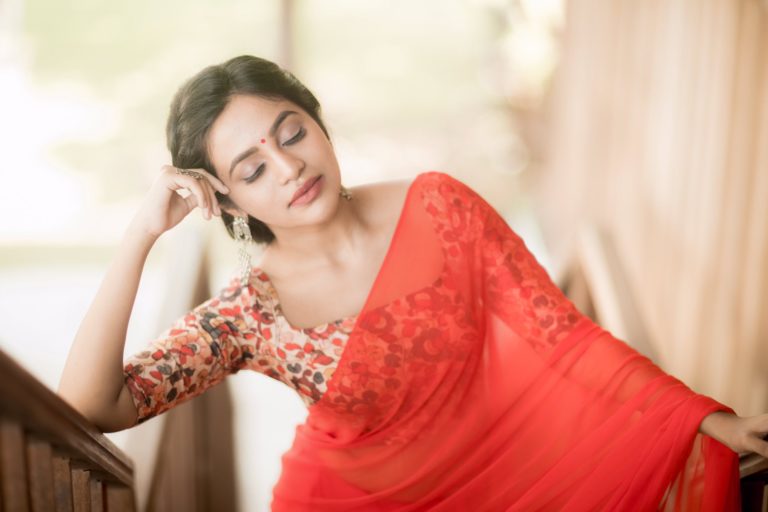 Bhavani Sre in red Saree stills