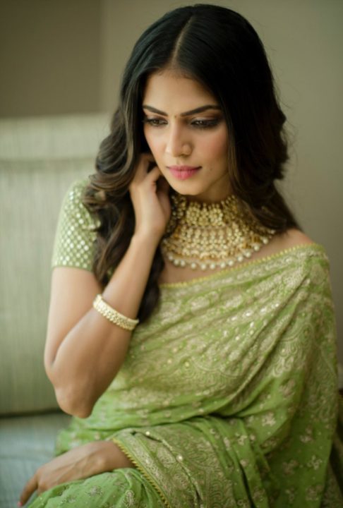 Malavika Mohanan green saree stills at Thalapathy 64 pooja