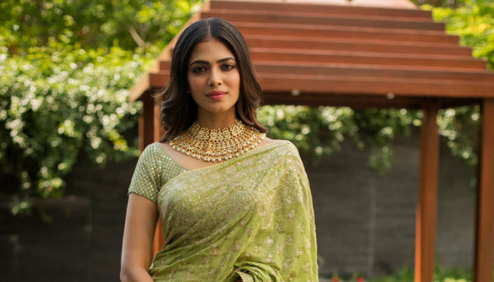 Malavika Mohanan green saree stills at Thalapathy 64 pooja