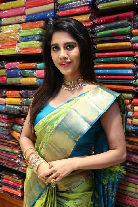 Nabha Natesh silk saree stills at Srika Shopping Mall launch