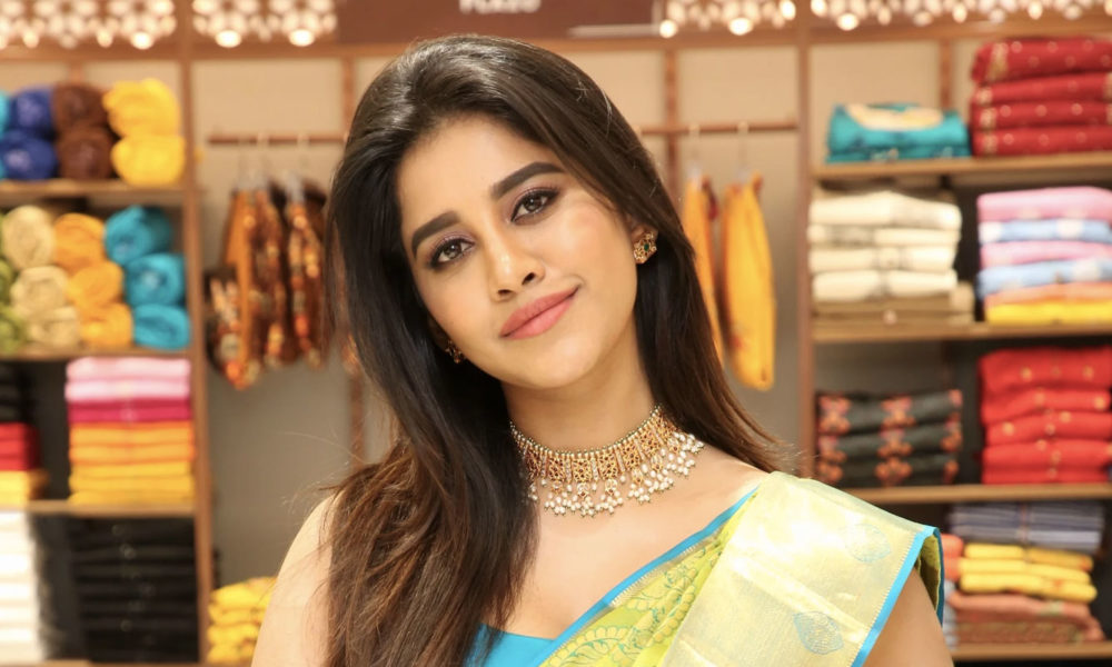 Nabha Natesh saree stills at Srika Shopping Mall launch