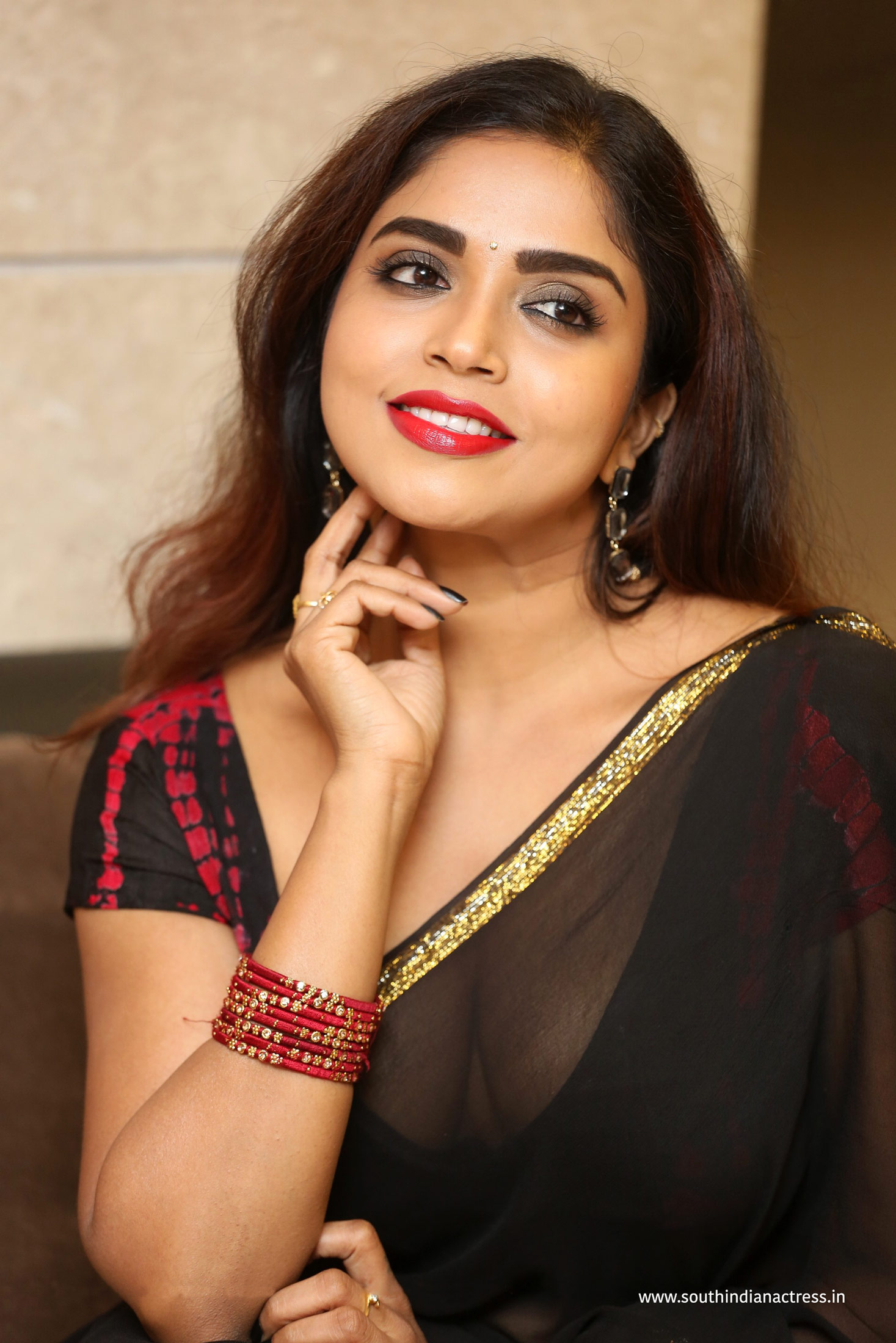 Karunya Chowdary hot saree stills at 3 Monkeys Pre-Release Event