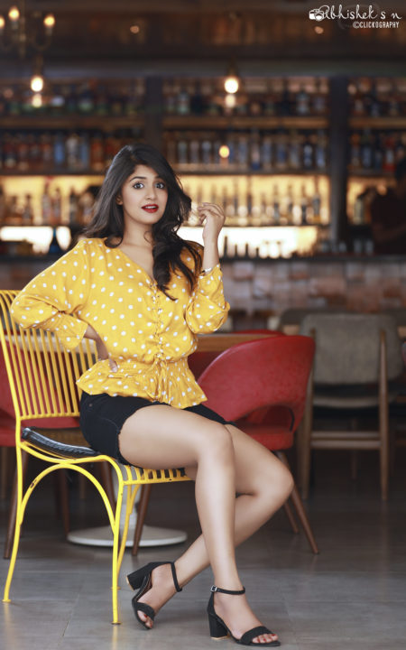 Sanjana Anand hot stills in yellow polka dot dress