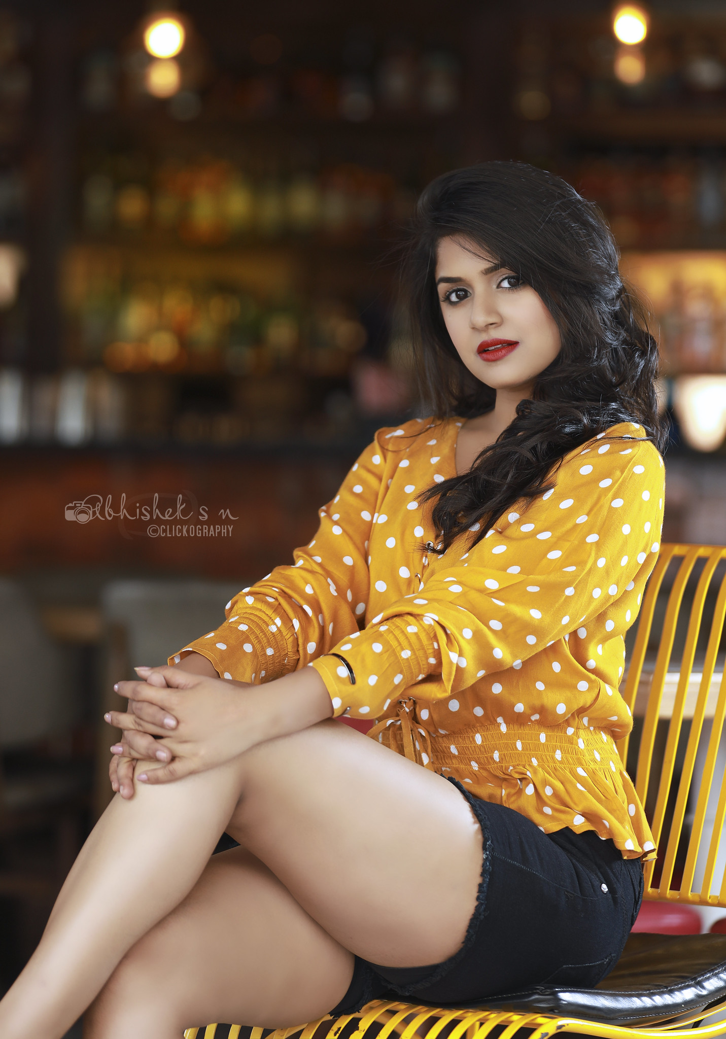 Sanjana Anand Hot Stills In Yellow Polka Dot Dress South Indian Actress