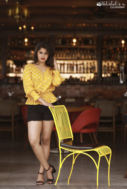 Sanjana Anand hot stills in yellow polka dot dress