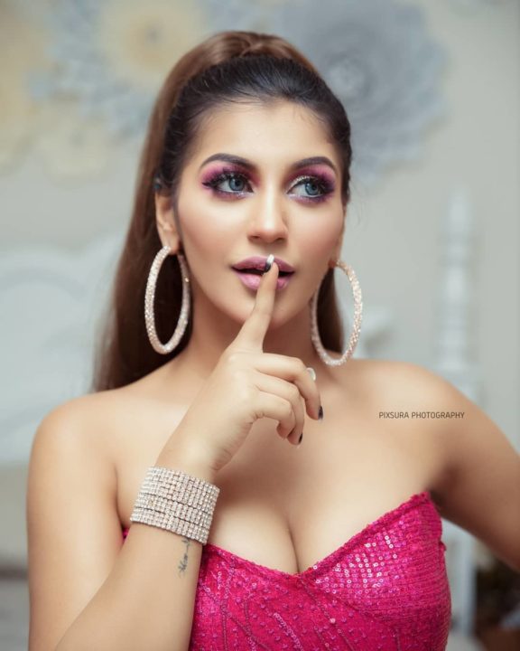 Yashika Aannand hot stills in pink strapless mini dress