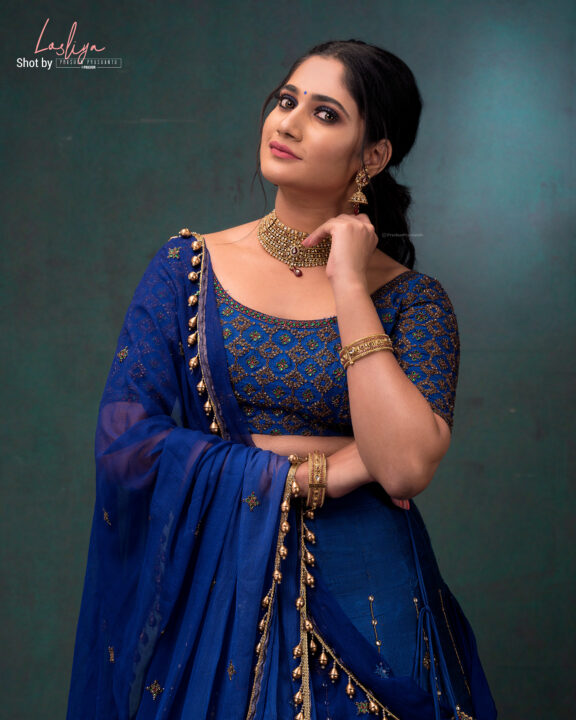 Losliya Mariyanesan stills in blue lehenga