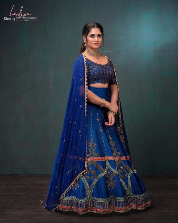 Losliya Mariyanesan stills in blue lehenga