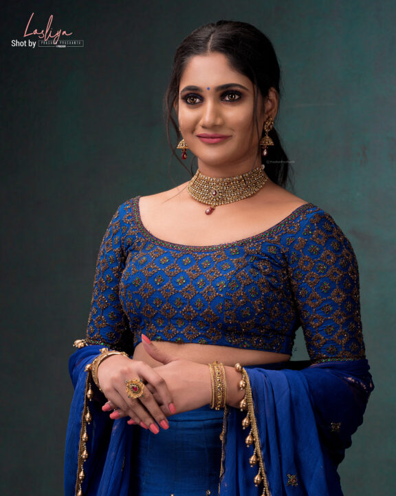 Losliya Mariyanesan stills in blue lehenga