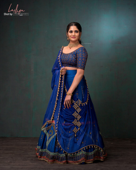 Losliya Mariyanesan stills in blue lehenga