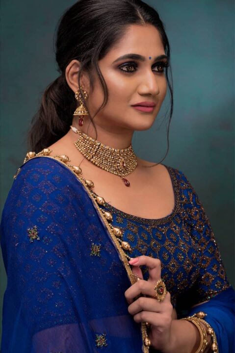 Losliya Mariyanesan stills in blue lehenga