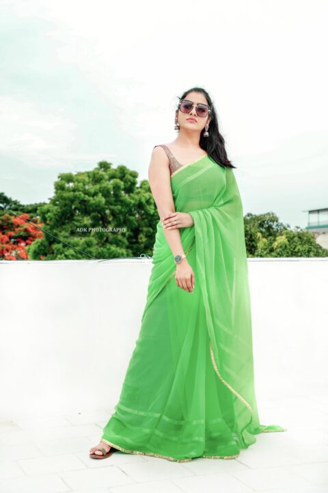 Chithu Vj latest stills in green saree