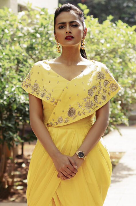 Shraddha Srinath in yellow drape dress photos