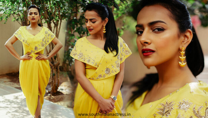 Shraddha Srinath in yellow drape dress photos