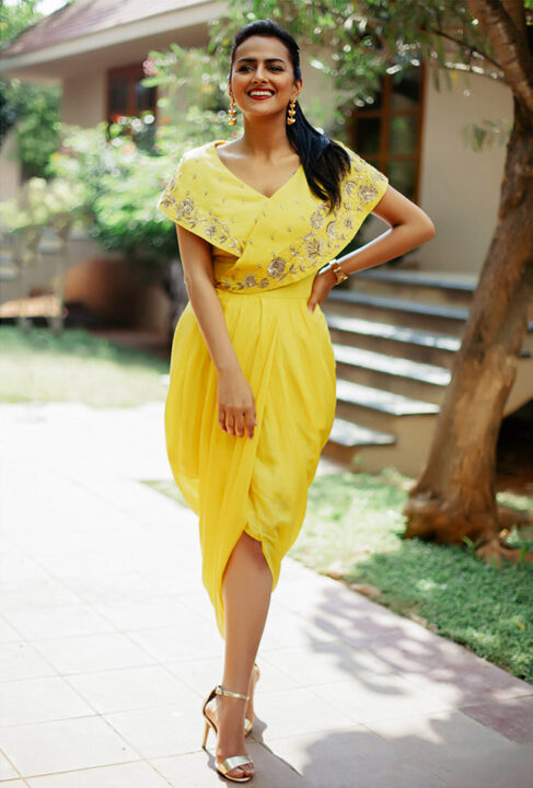 Shraddha Srinath in yellow drape dress photos