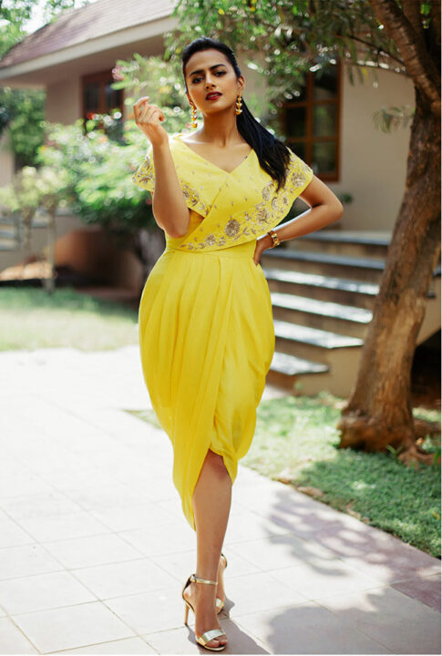 Shraddha Srinath in yellow drape dress photos