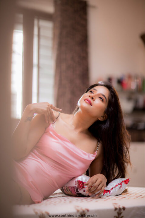 Sakshi Agarwal hot pics in pink satin night wear