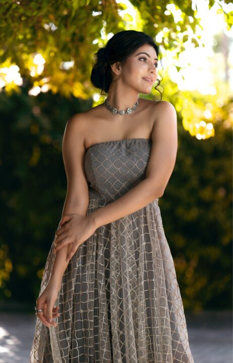 Athulyaa Ravi photoshoot stills in strapless grey anarkali