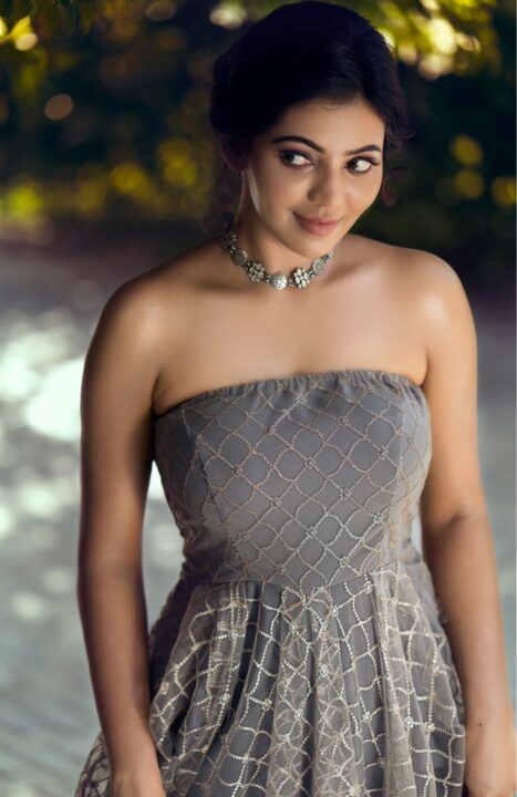 Athulyaa Ravi photoshoot stills in strapless grey Anarkali