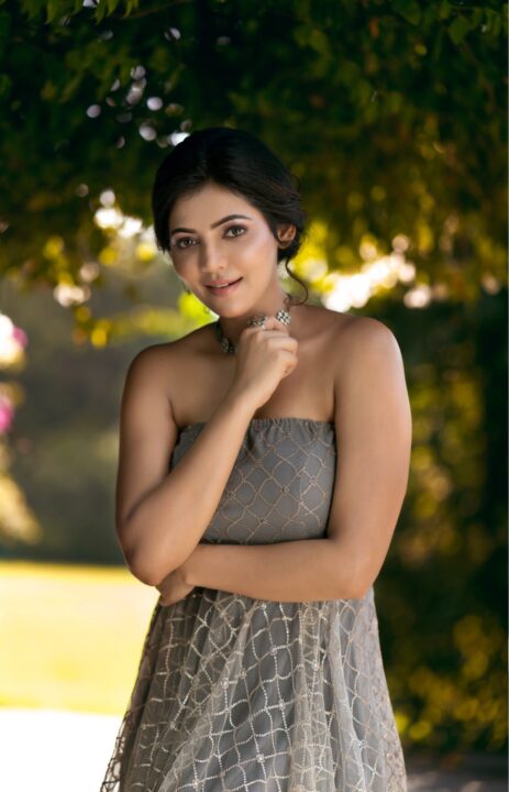 Athulyaa Ravi photoshoot stills in strapless grey Anarkali