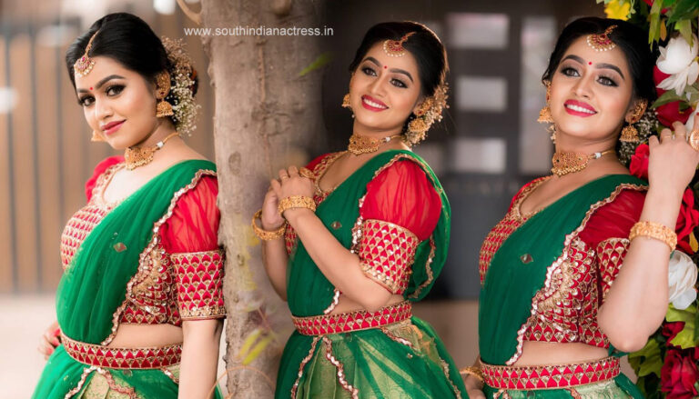 Gayathri Yuvraaj in silk half saree lehenga stills