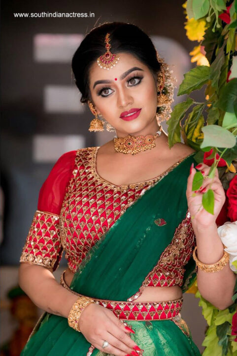 Gayathri Yuvraaj in silk half saree lehenga stills