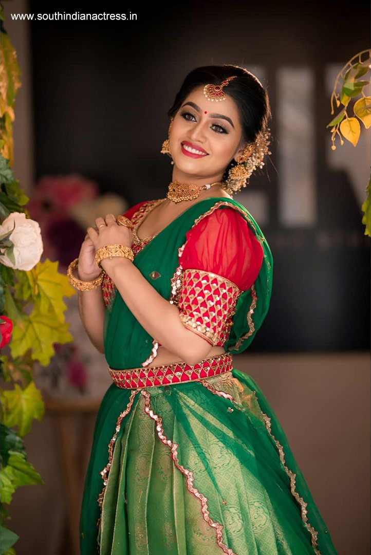 Gayathri Yuvraaj in silk half saree lehenga stills - South Indian Actress
