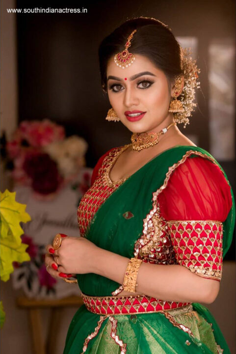 Gayathri Yuvraaj in silk half saree lehenga stills