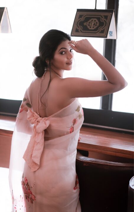 Athulyaa Ravi in organza saree by Picchika