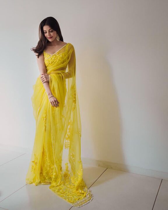 Kajal Aggarwal in Tuscan Yellow Organza Saree by Manish Malhotra