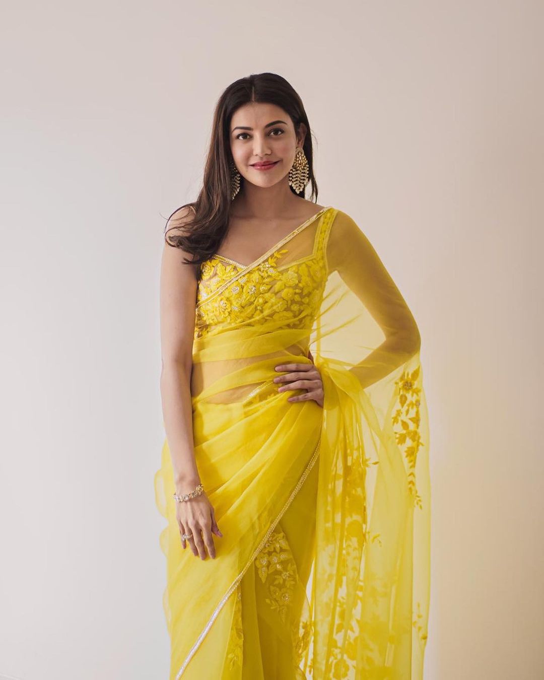 Kajal Aggarwal in Tuscan Yellow Organza Saree by Manish Malhotra