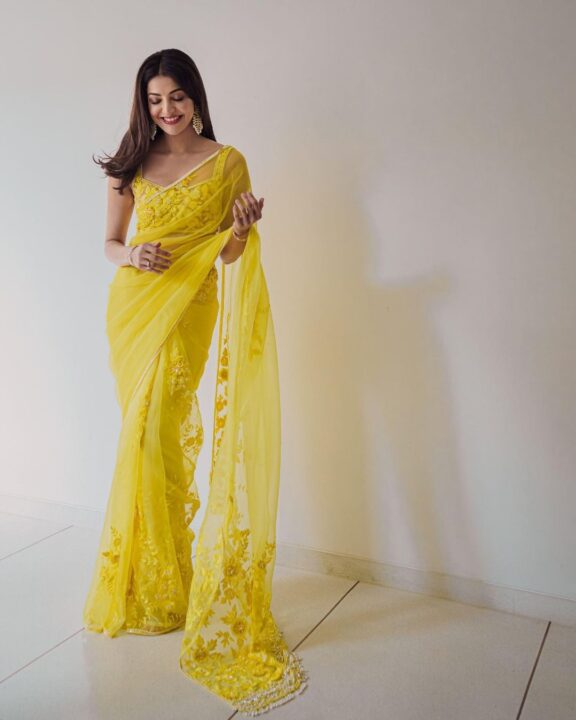 Kajal Aggarwal in Tuscan Yellow Organza Saree by Manish Malhotra