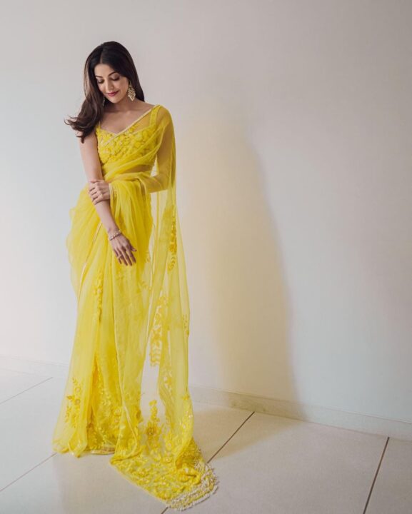 Kajal Aggarwal in Tuscan Yellow Organza Saree by Manish Malhotra