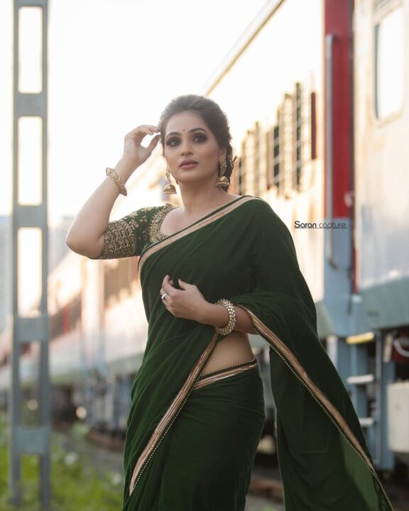 Mounika Devi in deep green saree styled by Swapnaa Reddy