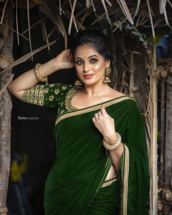 Mounika Devi in deep green saree styled by Swapnaa Reddy