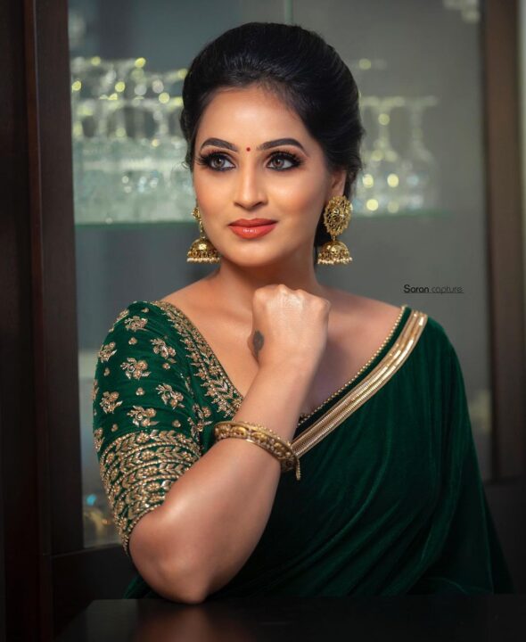 Mounika Devi in deep green saree styled by Swapnaa Reddy