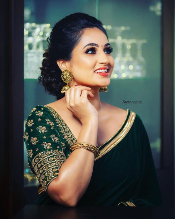 Mounika Devi in deep green saree styled by Swapnaa Reddy