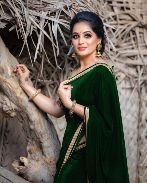 Mounika Devi in deep green saree styled by Swapnaa Reddy