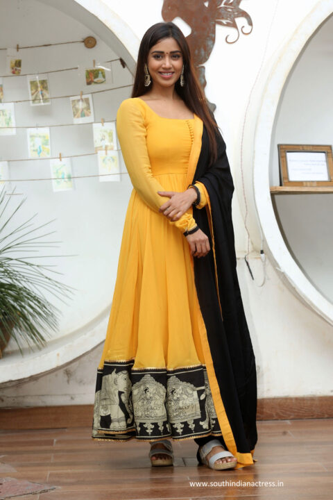 Nivetha Pethuraj stills in yellow salwar at Red Movie Interview