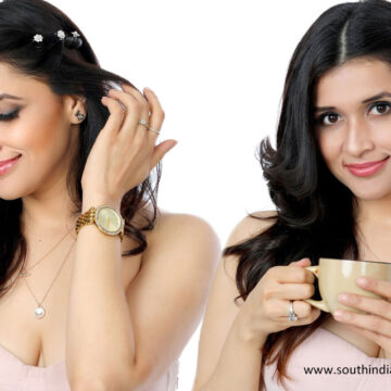 Mannara Chopra photoshoot stills in peach colour dress