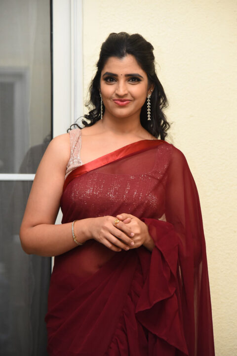 Anchor Syamala in saree stills at Thellavarithe Guruvaram Pre Release