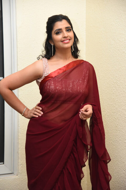 Anchor Syamala in saree stills at Thellavarithe Guruvaram Pre Release