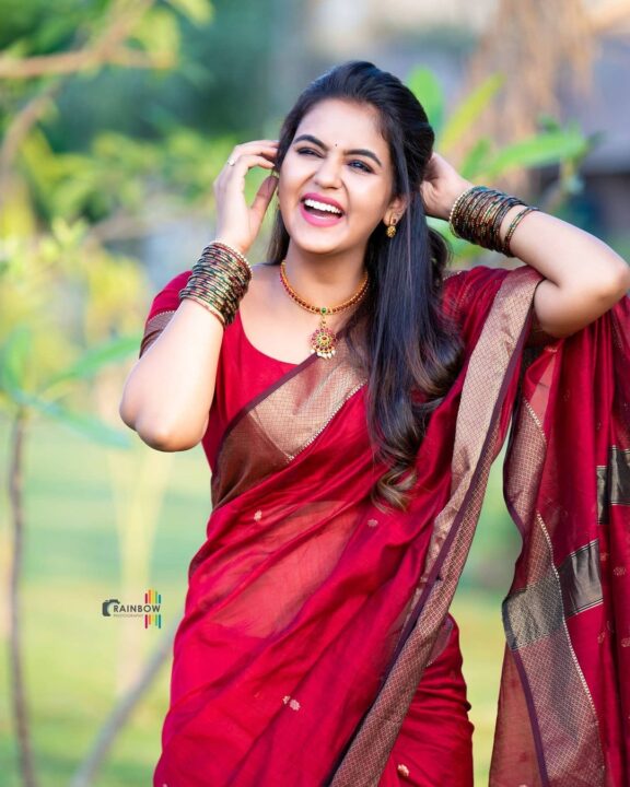 Chaitra Reddy in maroon silk saree photos