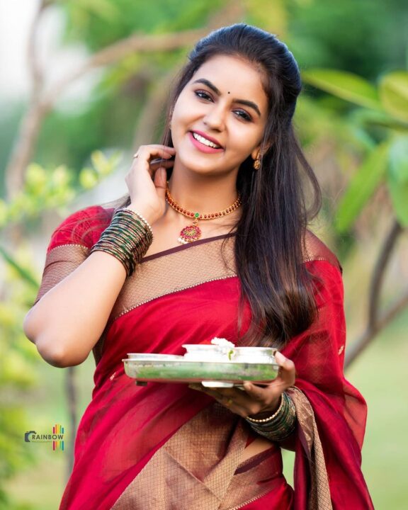 Chaitra Reddy in maroon silk saree photos - South Indian Actress