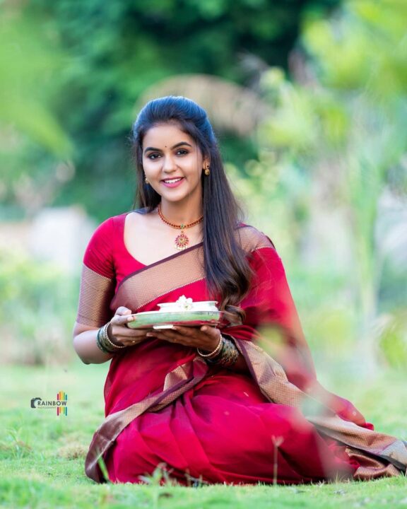 Chaitra Reddy in maroon silk saree photos