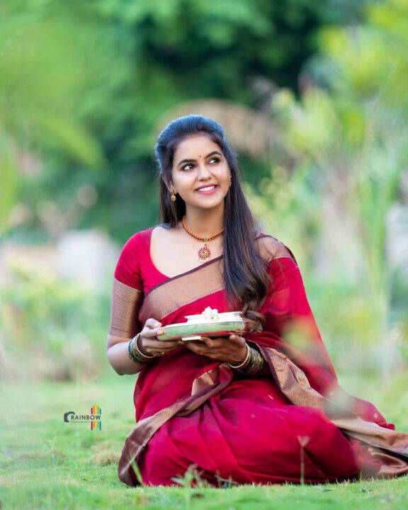 Chaitra Reddy in maroon silk saree photos