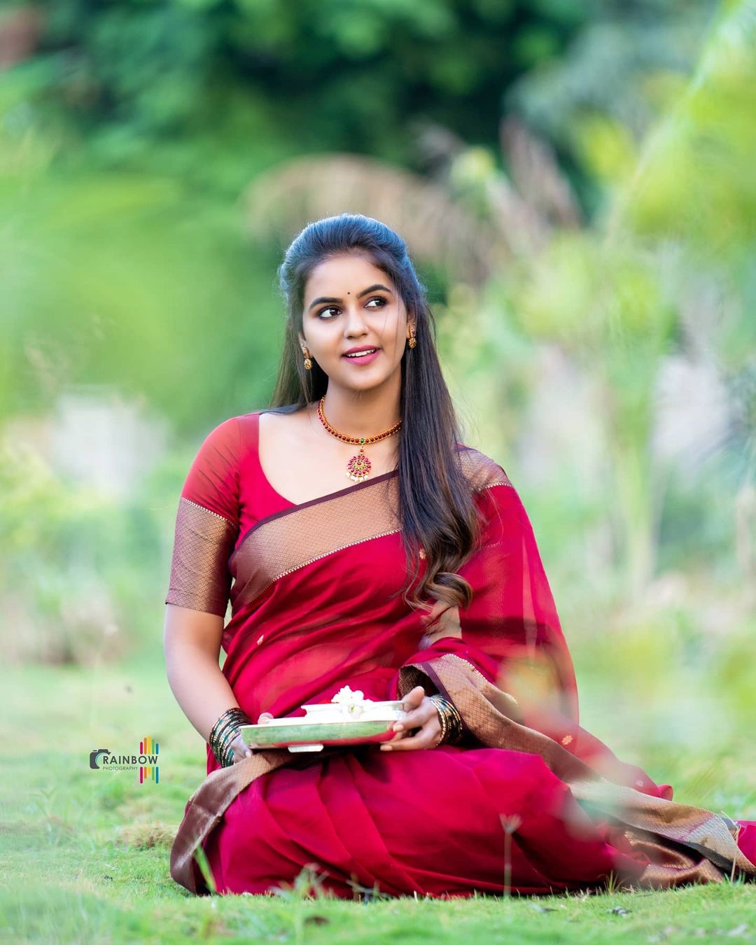 Chaitra Reddy in maroon silk saree photos - South Indian Actress